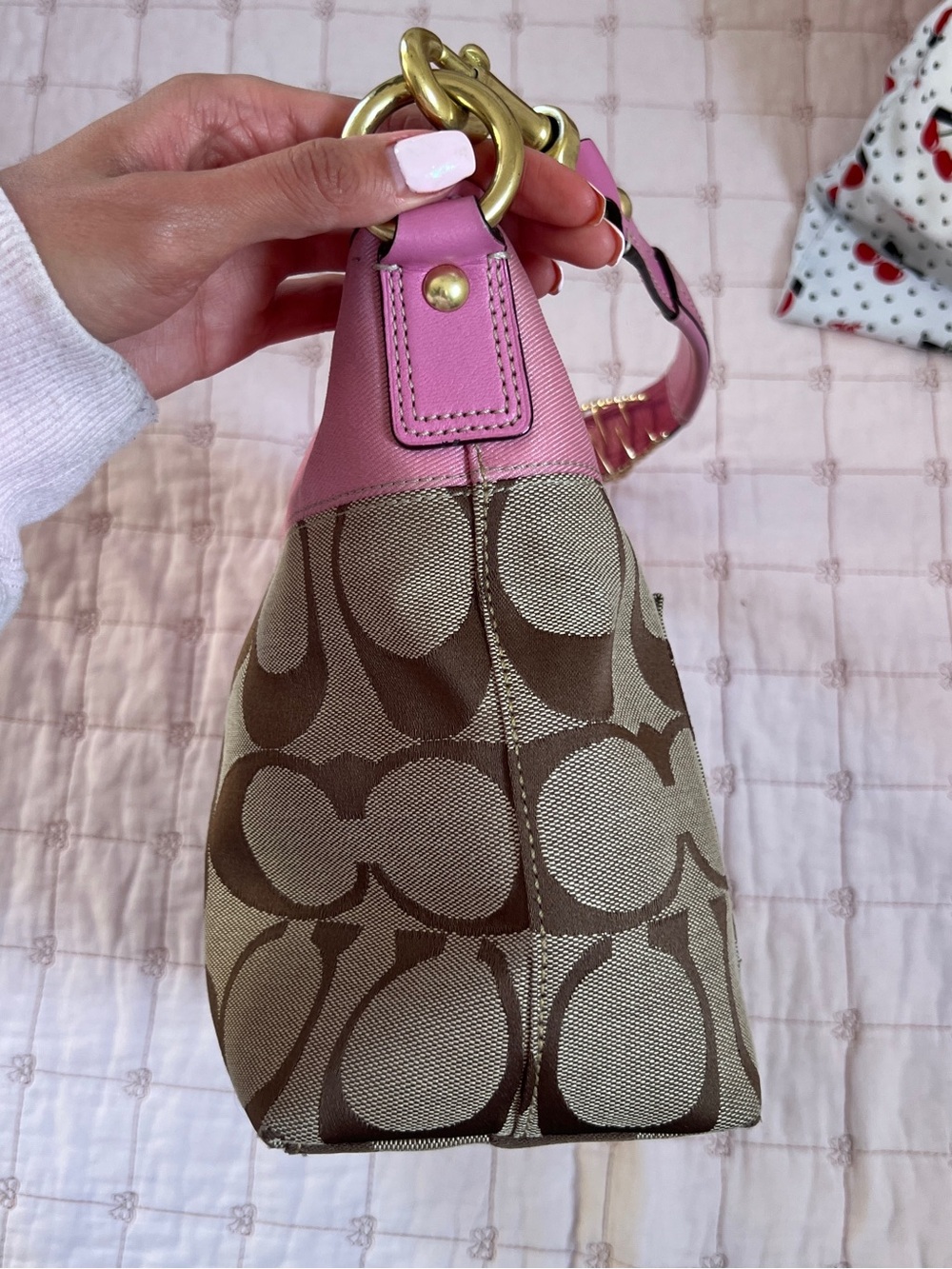 Coach Hobo Bag Medium Pink Khaki Signature Monogram Satin Leather 11957 - Picture 11 of 16